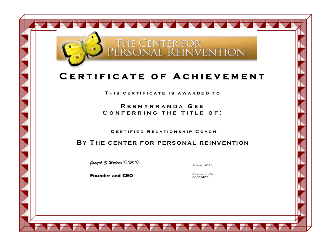 Certificate Certified Relationship Coach Resmyrranda Gee